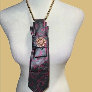 Gray  and Pink Brocade Statement Tie Necklace